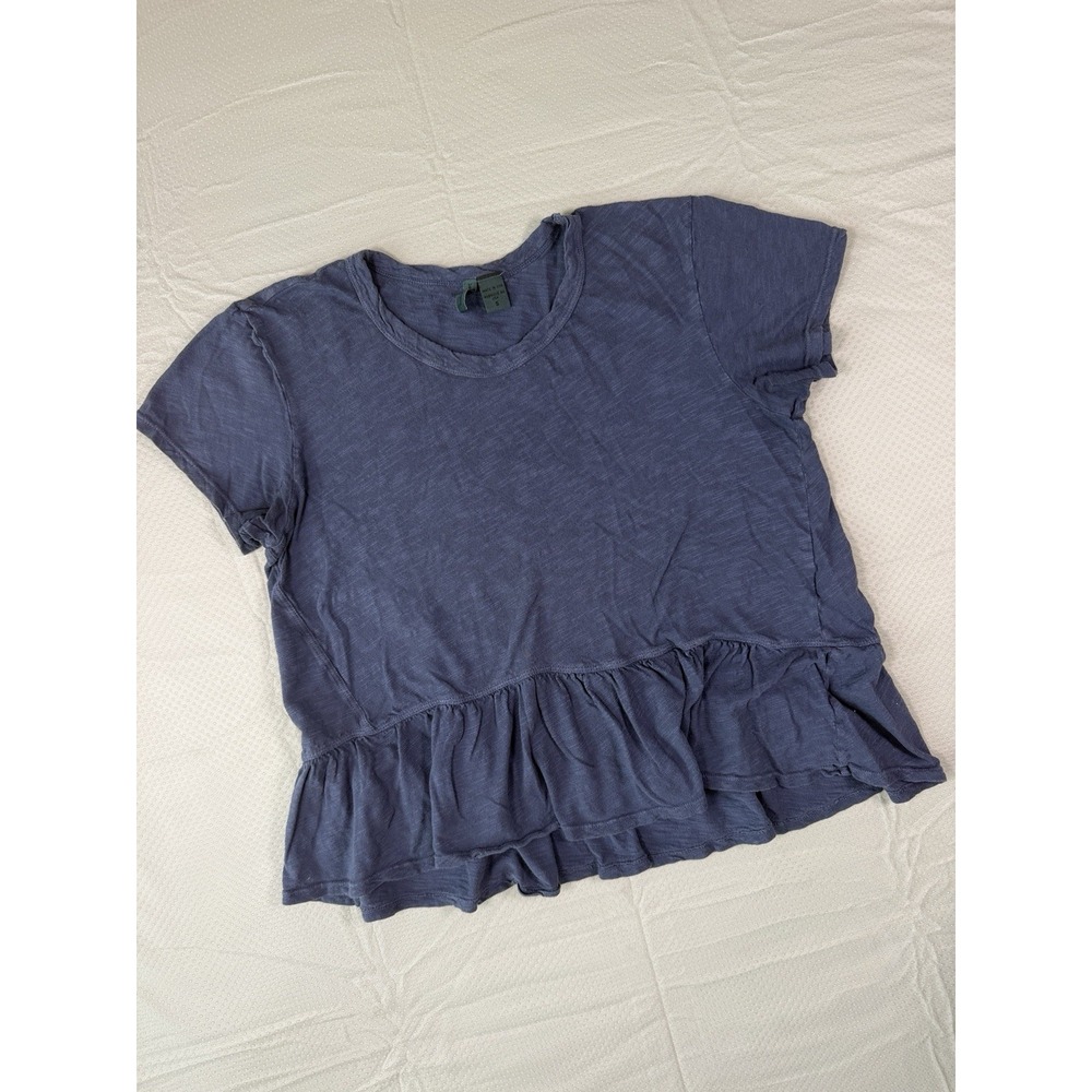Left Of Center Anthropologie Blue Peplum Ruffle Hem Short Sleeve Tee Shirt S